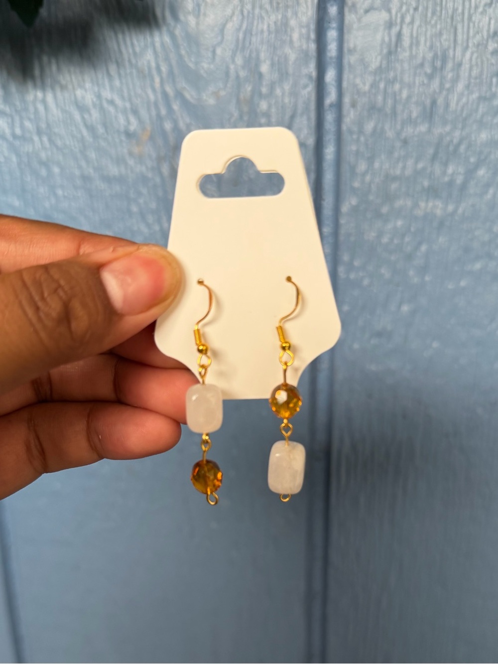 White Quartz and Amber Toned Crystal on Gold-toned 925 Sterling Silver Hooks